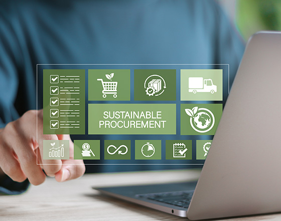 hand pointing at a digital display showing icons related to sustainable procurement with checklists and transportation indicating eco-friendly practices and eight key elements for success