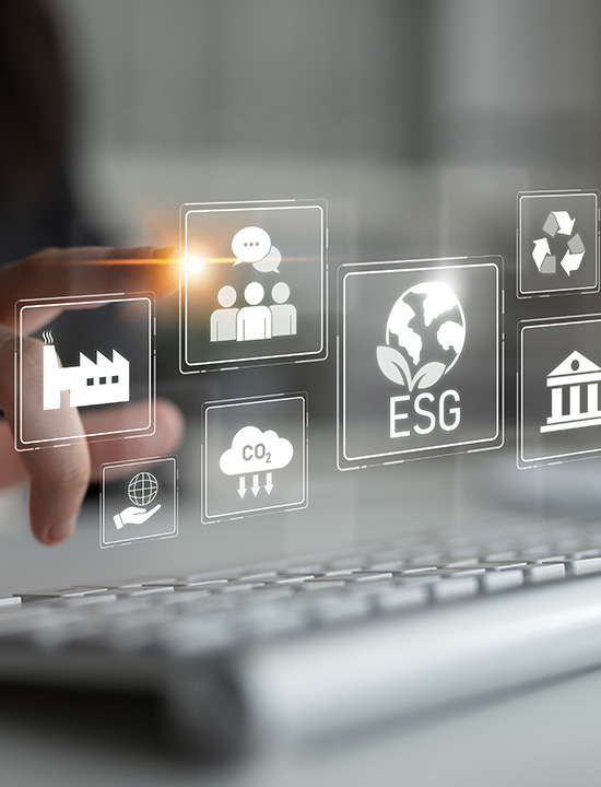 person interacting with digital icons related to sustainability environmental social governance and technology keywords for 34 growth innovation