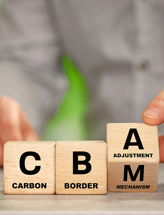 blocks spelling out carbon border adjustment mechanism with a hand adjusting them highlighting eight aspects of environmental policy