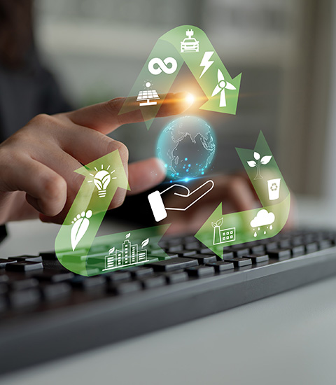 person interacting with a digital interface showing recycling symbols and environmental icons emphasizing sustainability and technology innovations for a better future in relation to eco friendly practices 6 environmental solutions